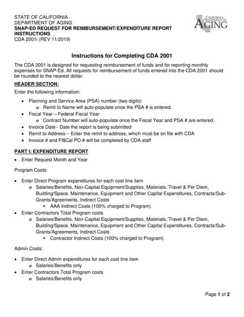 Instructions for Form CDA2001 Snap-Ed Request for Reimbursement/Expenditure Report - California