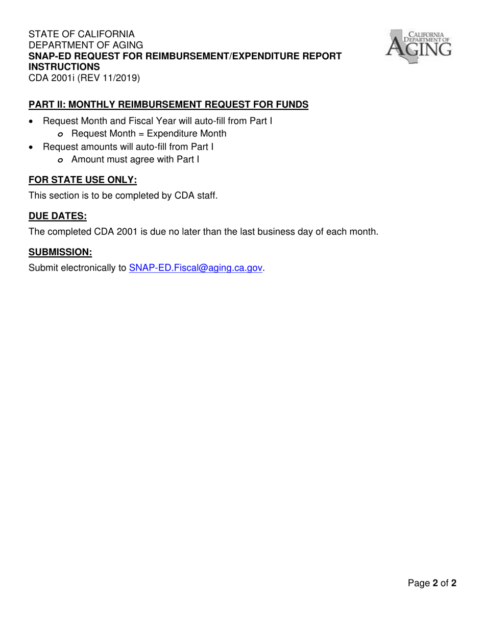 Instructions for Form CDA2001 Snap-Ed Request for Reimbursement / Expenditure Report - California, Page 2