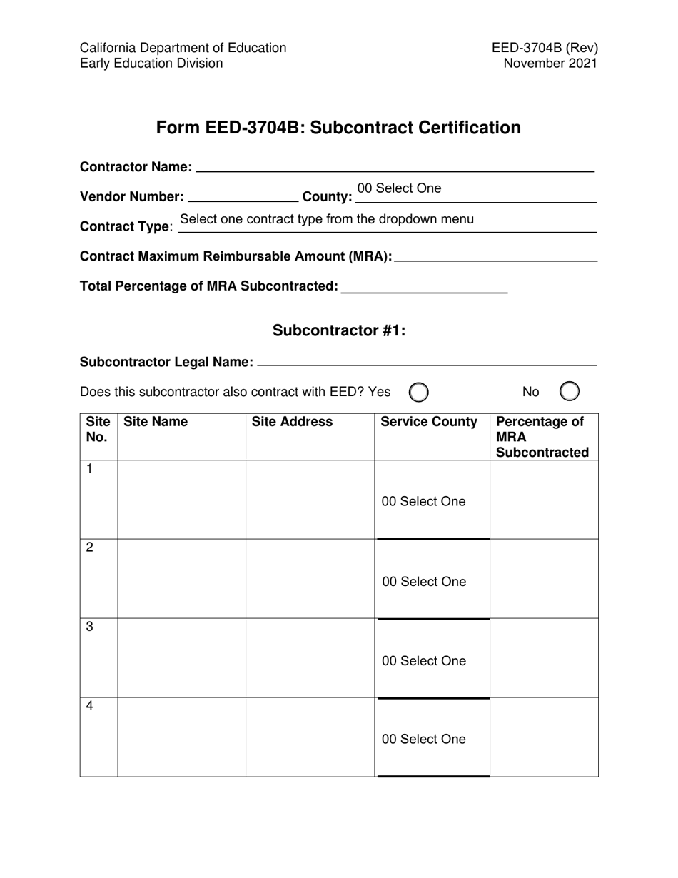 Form EED-3704B Subcontract Certification - California, Page 1