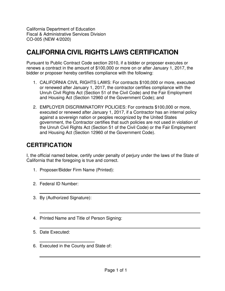 Form CO-005 California Civil Rights Laws Certification - California, Page 1