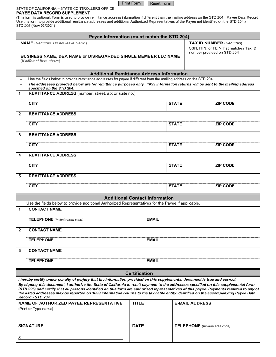 Form STD205 Payee Data Record Supplement - California, Page 1