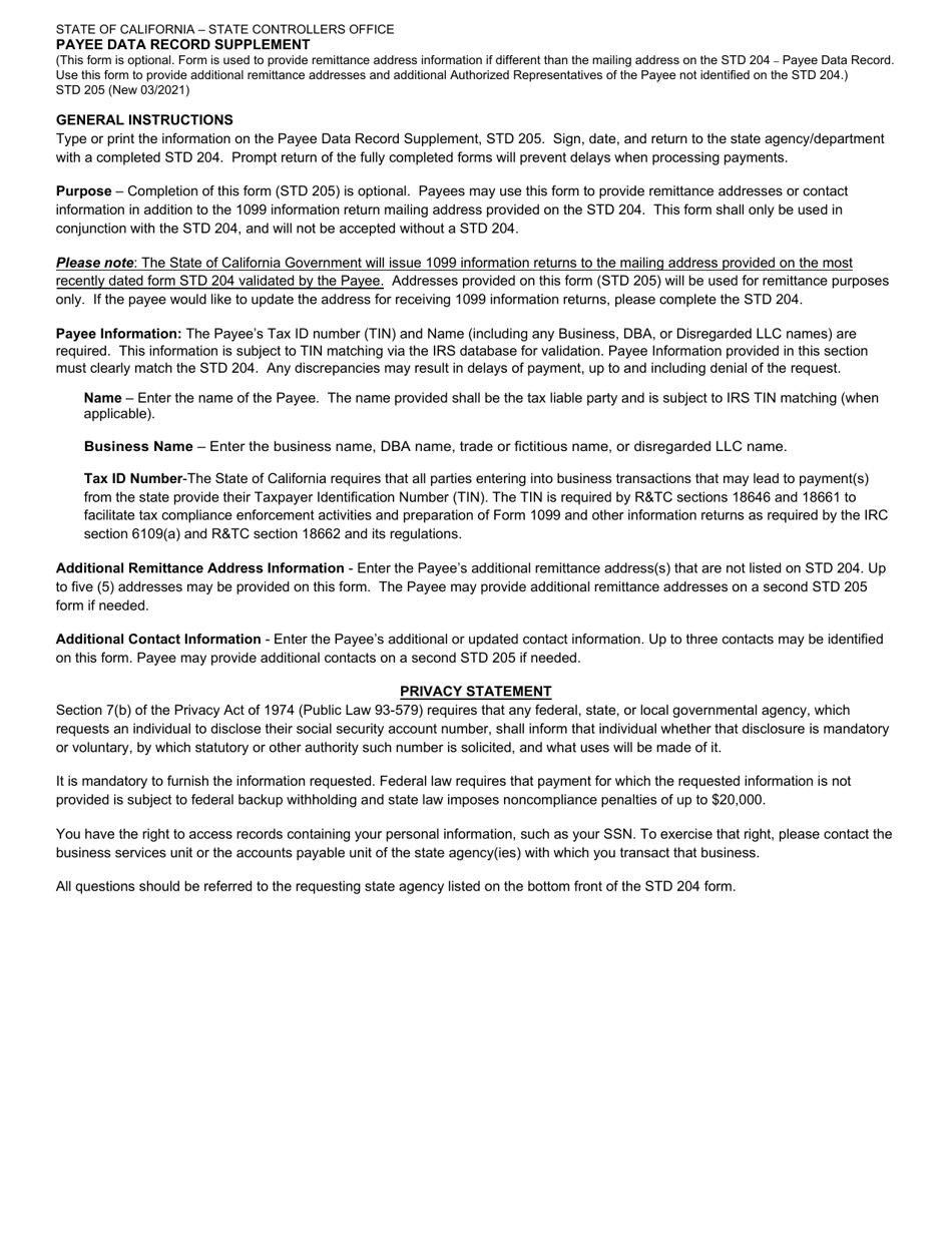 Form STD205 Payee Data Record Supplement - California, Page 2