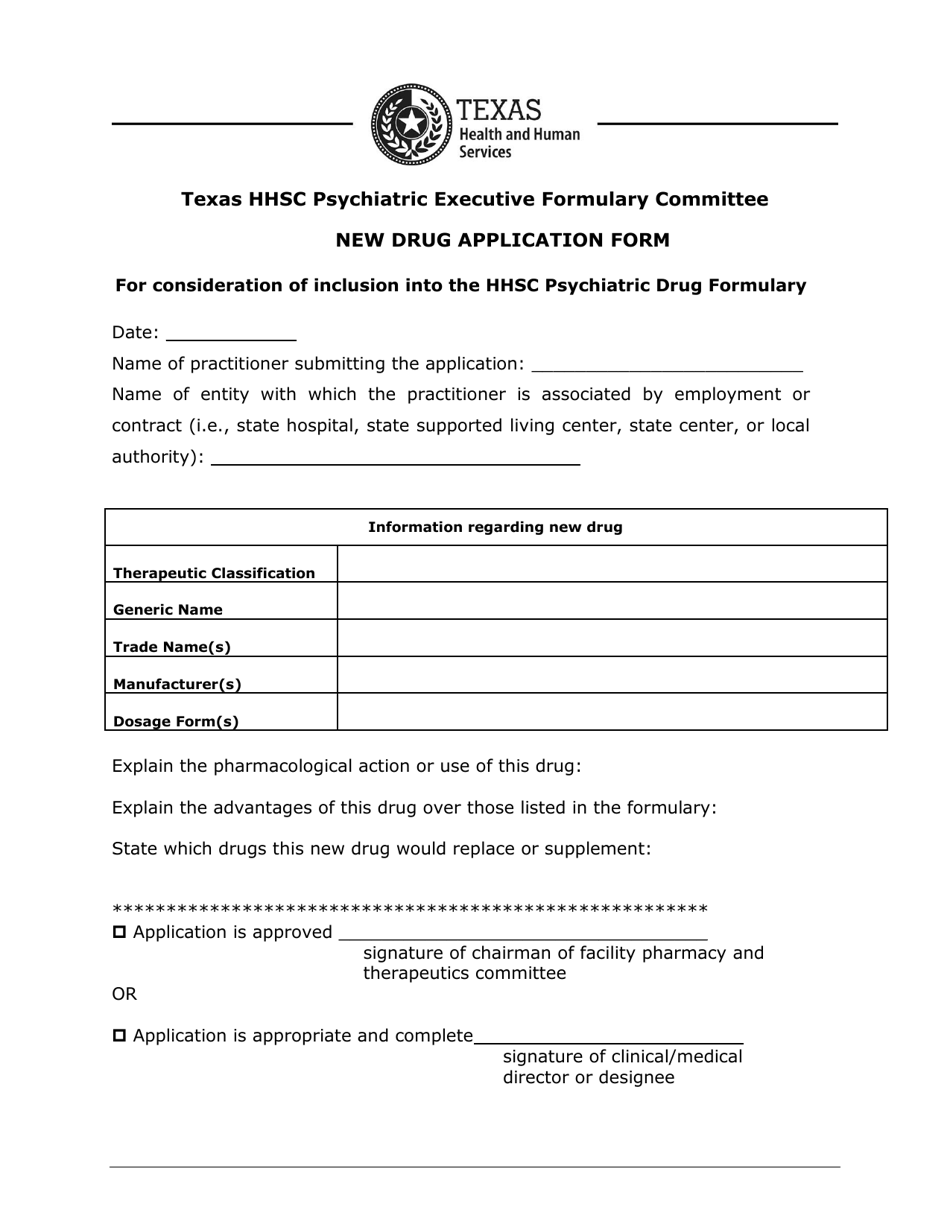 New Drug Application Form - Texas Hhsc Psychiatric Executive Formulary Committee - Texas, Page 1