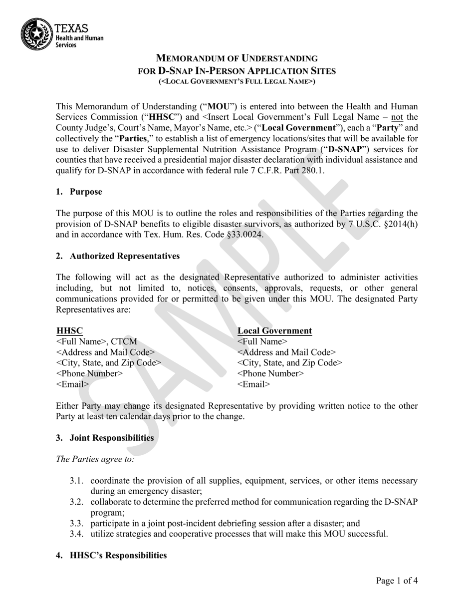 Memorandum of Understanding for D-Snap in-Person Application Sites - Sample - Texas, Page 1