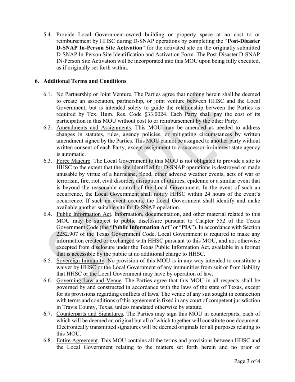 Memorandum of Understanding for D-Snap in-Person Application Sites - Sample - Texas, Page 3
