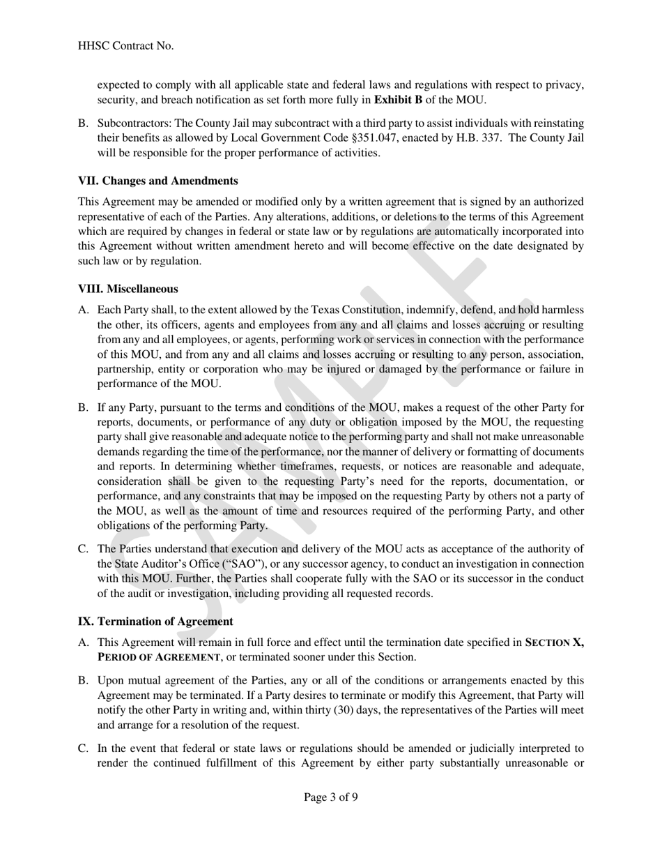 Memorandum of Understanding and Agreement for Medicaid Eligibility of Individiuals Confined in County Jails - Sample - Texas, Page 3