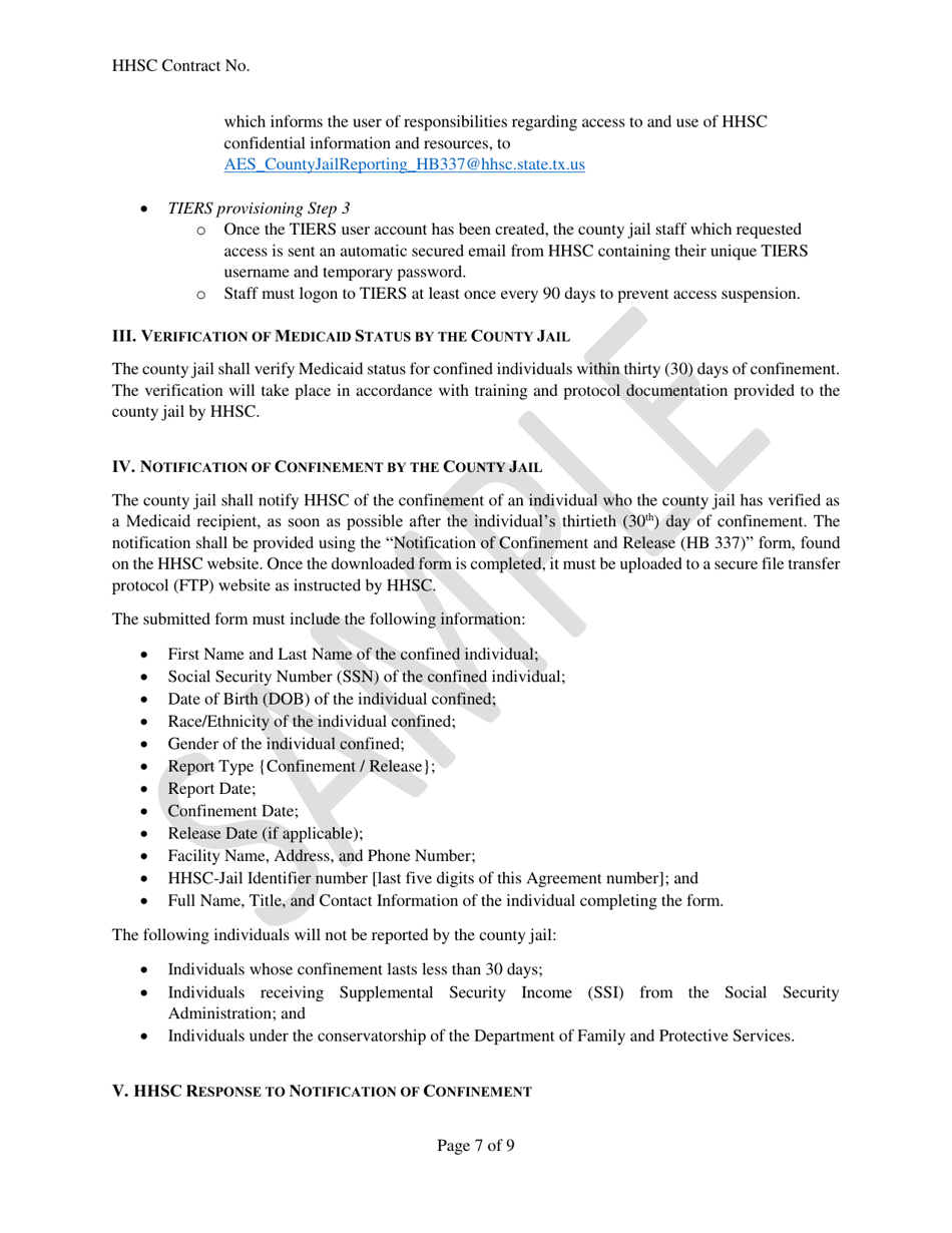 Memorandum of Understanding and Agreement for Medicaid Eligibility of Individiuals Confined in County Jails - Sample - Texas, Page 7