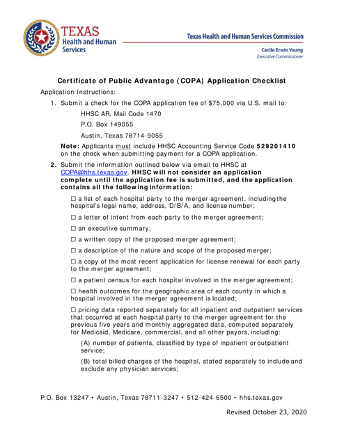 Certificate of Public Advantage (Copa) Application Checklist - Texas Download Pdf