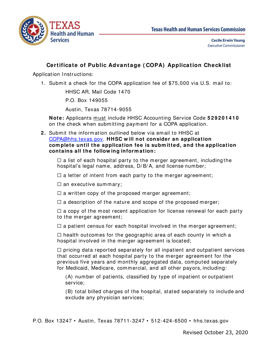 Certificate of Public Advantage (Copa) Application Checklist - Texas, Page 1