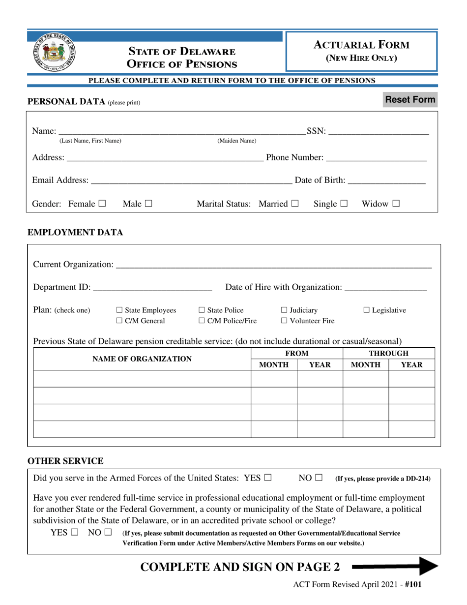 Form P-1 Actuarial Form (New Hire Only) - Delaware, Page 1