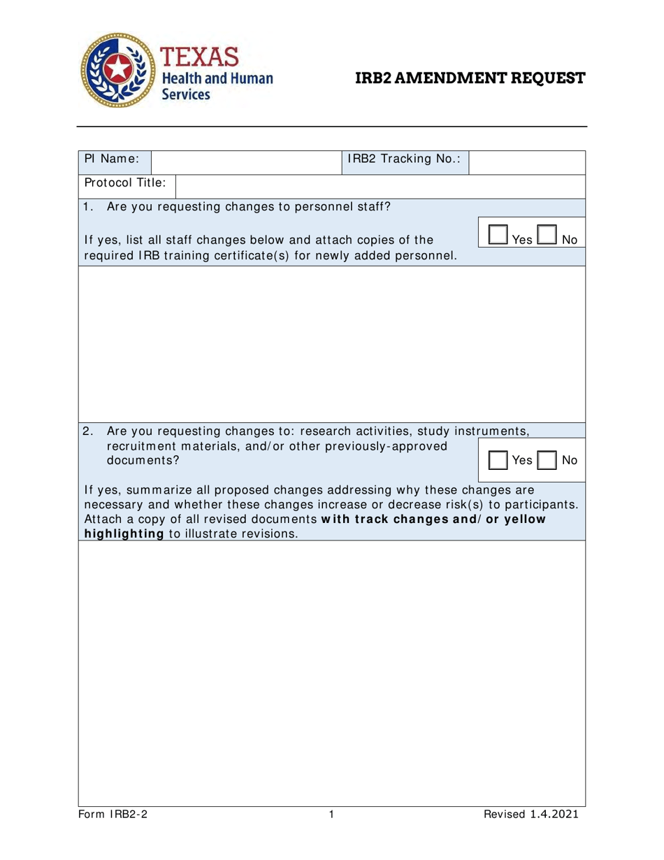 Form IRB2-2 Irb2 Amendment Request - Texas, Page 1