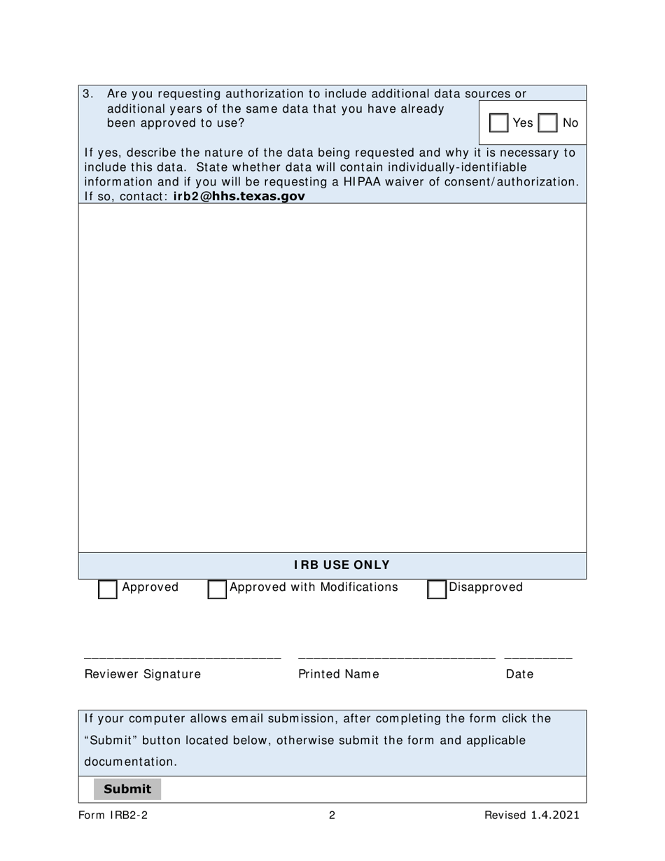 Form IRB2-2 Irb2 Amendment Request - Texas, Page 2