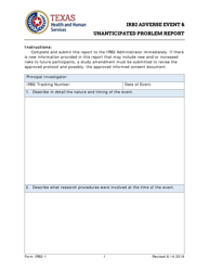 Form IRB2-1 Irb2 Adverse Event &amp; Unanticipated Problem Report - Texas