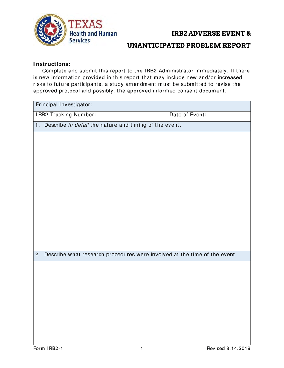 Form IRB2-1 Irb2 Adverse Event  Unanticipated Problem Report - Texas, Page 1