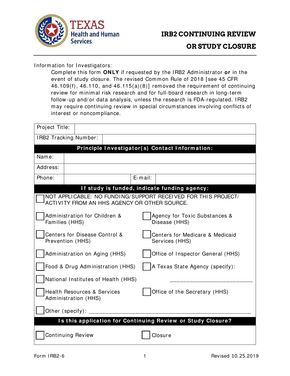Form IRB2-6 Irb2 Continuing Review or Study Closure - Texas, Page 1