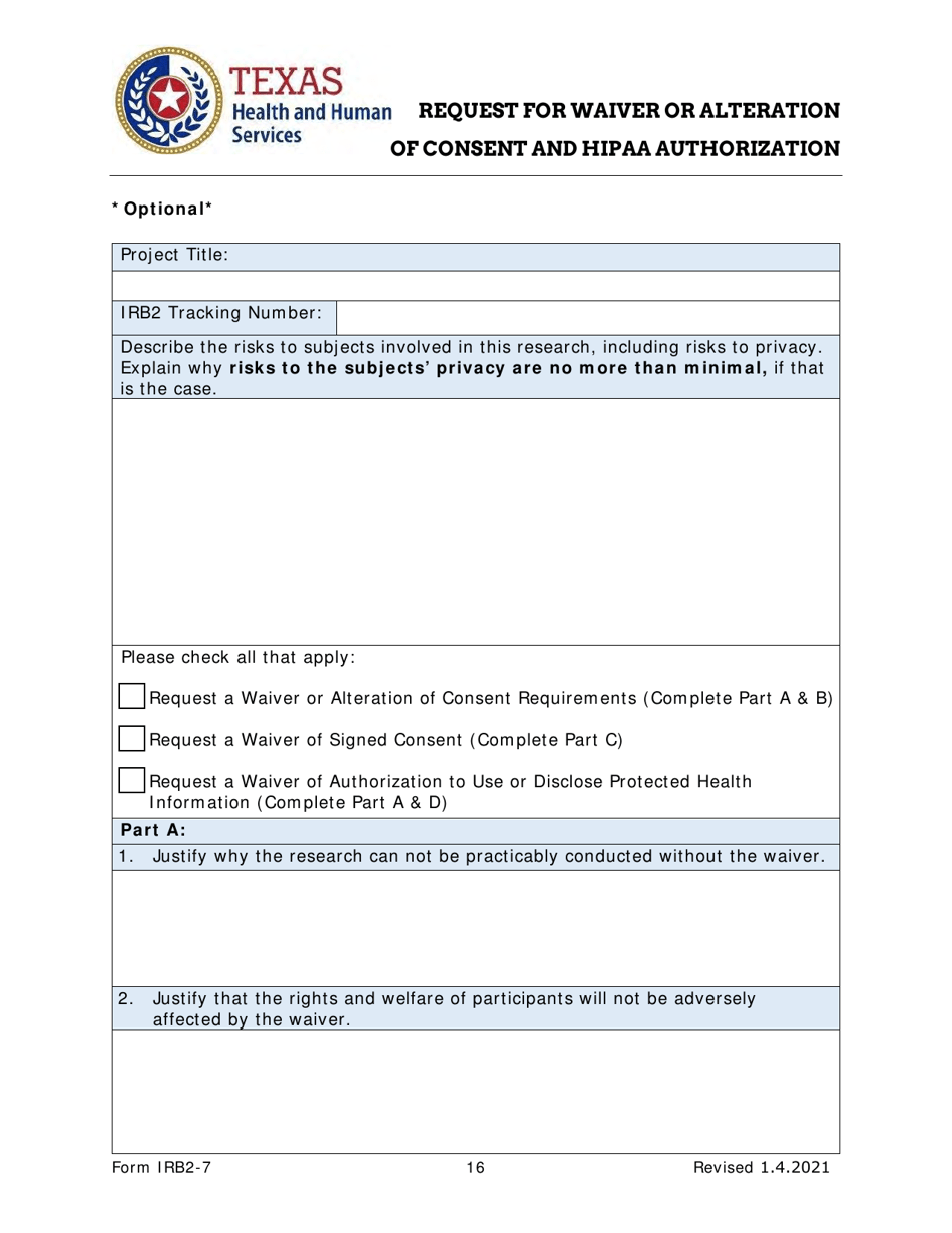 Form IRB2-7 Irb2 Application - Texas, Page 16