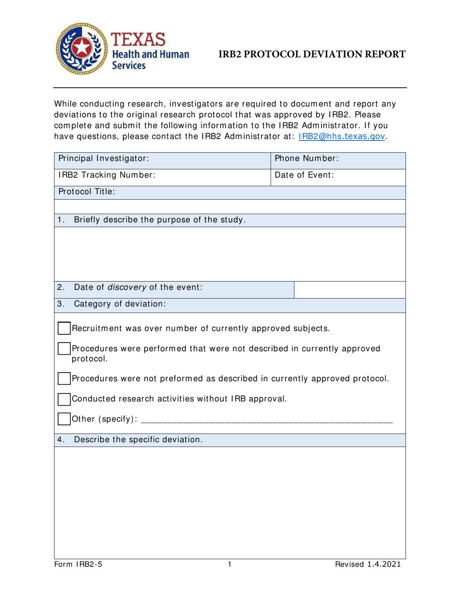 Form IRB2-5 Irb2 Protocol Deviation Report - Texas, Page 1