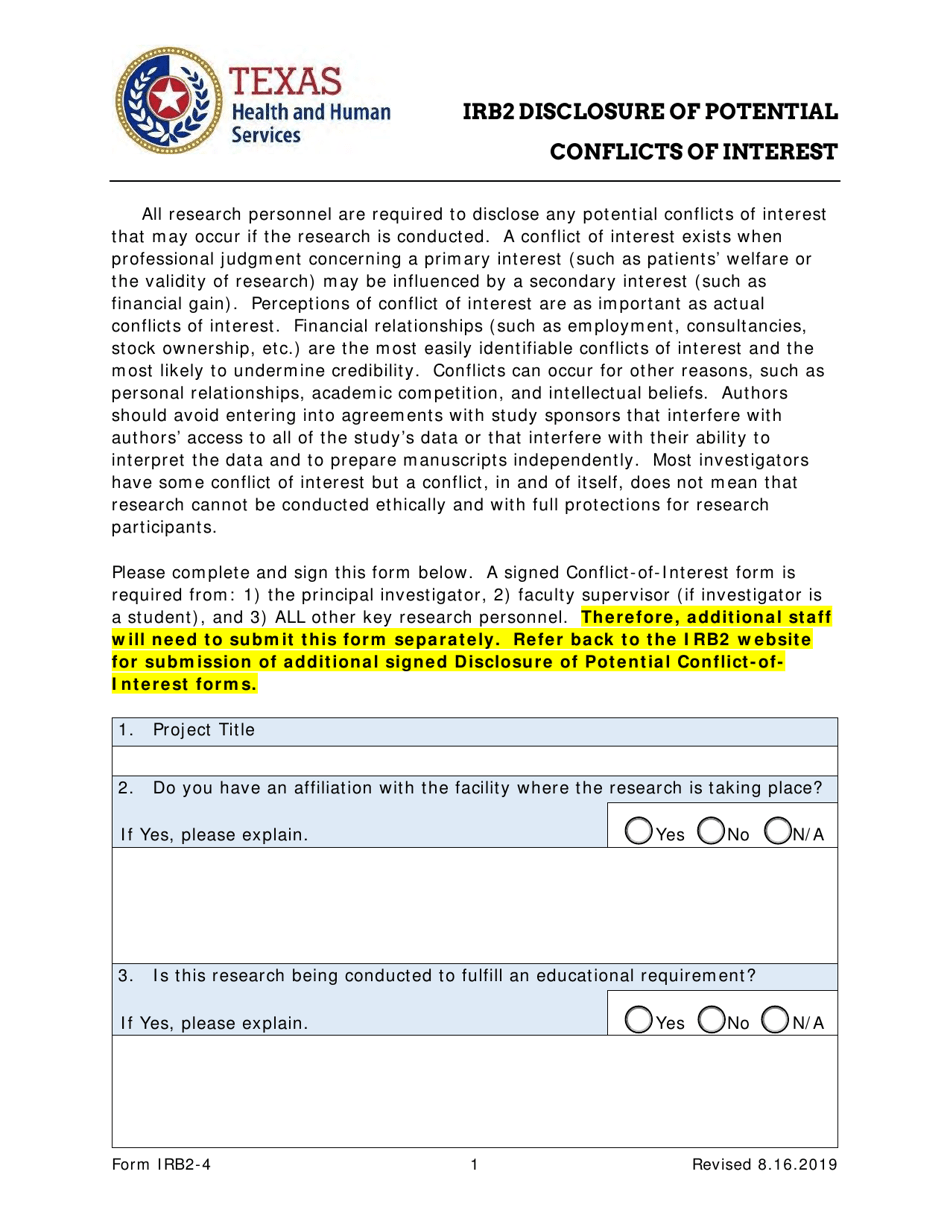 Form IRB2-4 Irb2 Disclosure of Potential Conflicts of Interest - Texas, Page 1