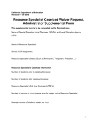Resource Specialist Caseload Waiver Request, Administrator Supplemental Form - California