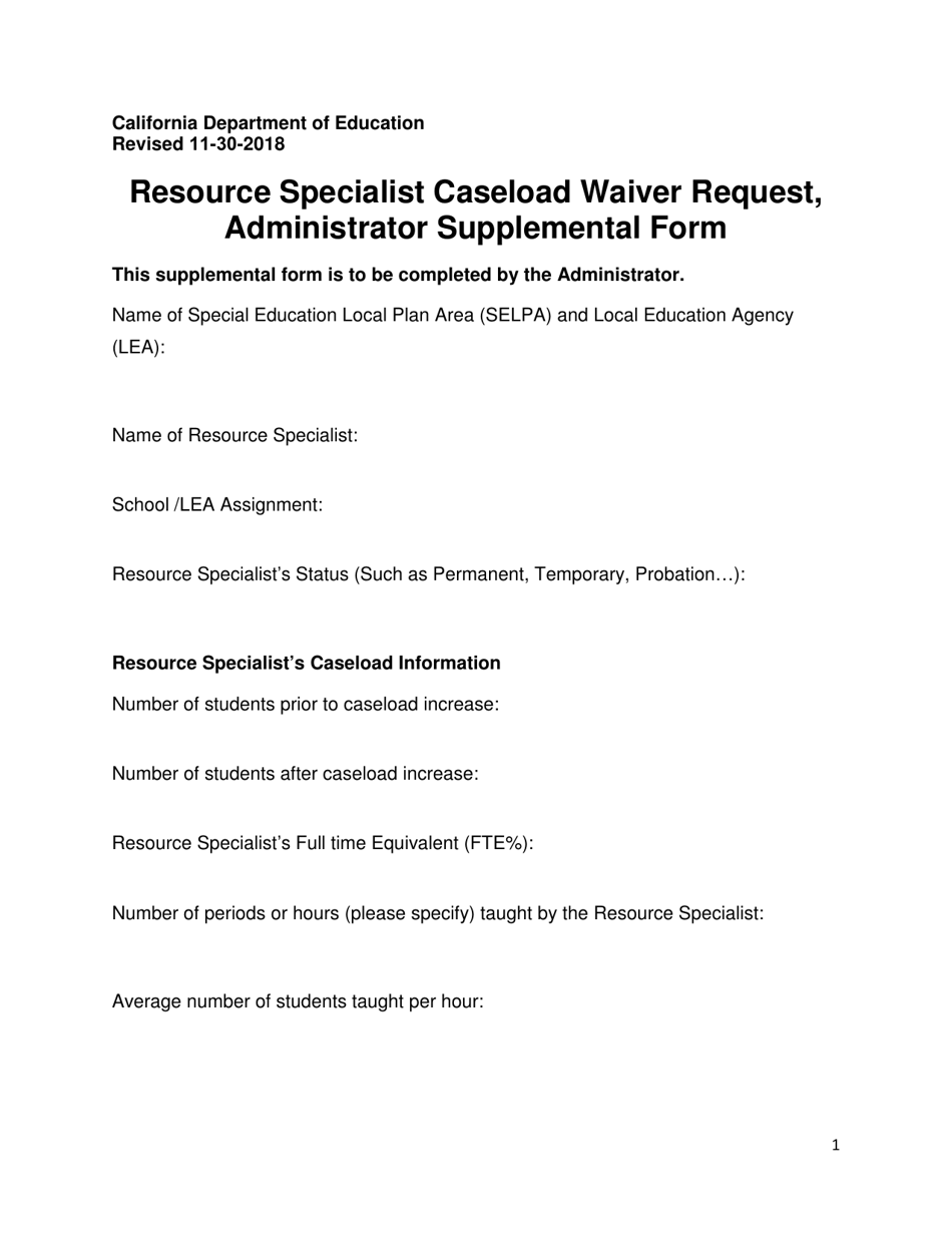 Resource Specialist Caseload Waiver Request, Administrator Supplemental Form - California, Page 1