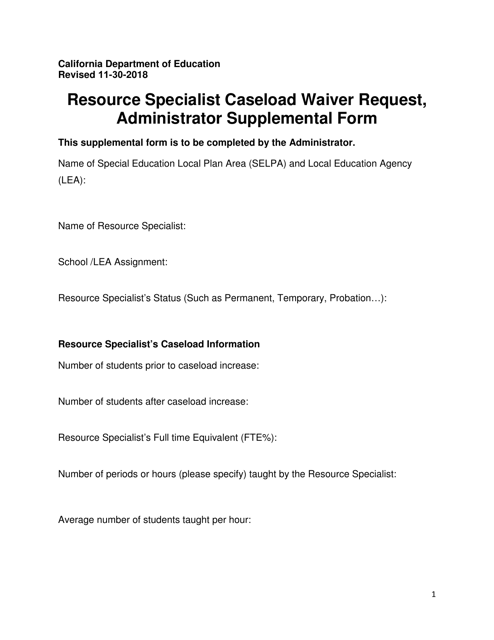 Resource Specialist Caseload Waiver Request, Administrator Supplemental Form - California Download Pdf
