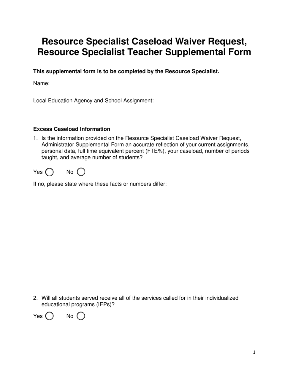 Resource Specialist Caseload Waiver Request, Resource Specialist Teacher Supplemental Form - California, Page 1