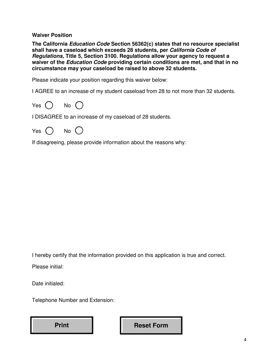 Resource Specialist Caseload Waiver Request, Resource Specialist Teacher Supplemental Form - California, Page 4
