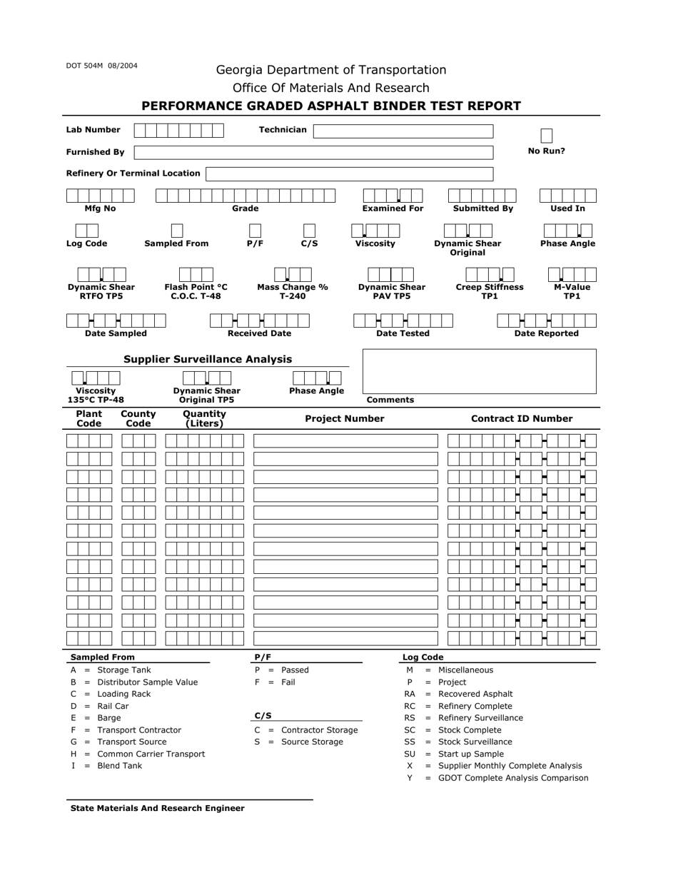 Form DOT504M Performance Graded Asphalt Binder Test Report - Georgia (United States), Page 1