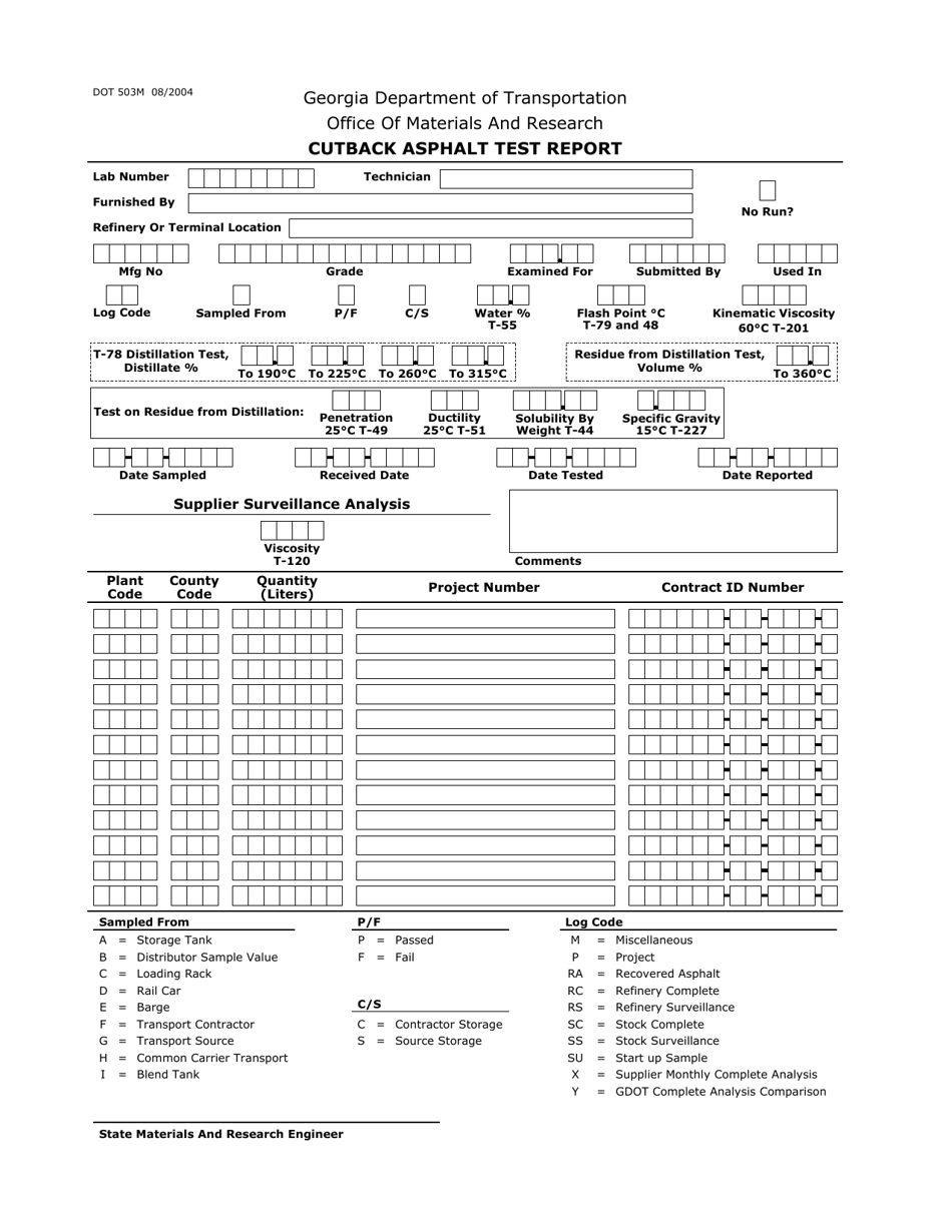 Form DOT503M Cutback Asphalt Test Report - Georgia (United States), Page 1