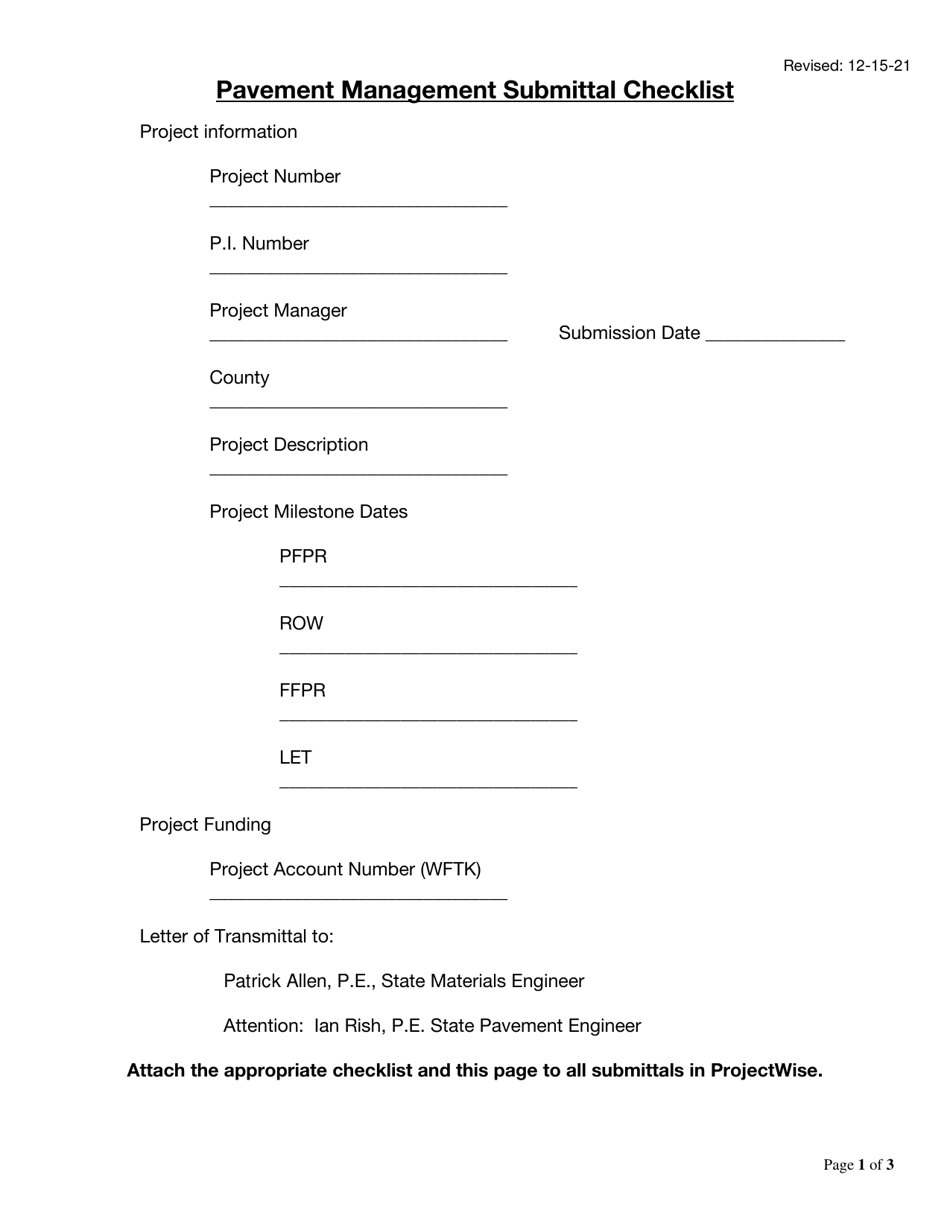 Pavement Management Submittal Checklist - Georgia (United States), Page 1