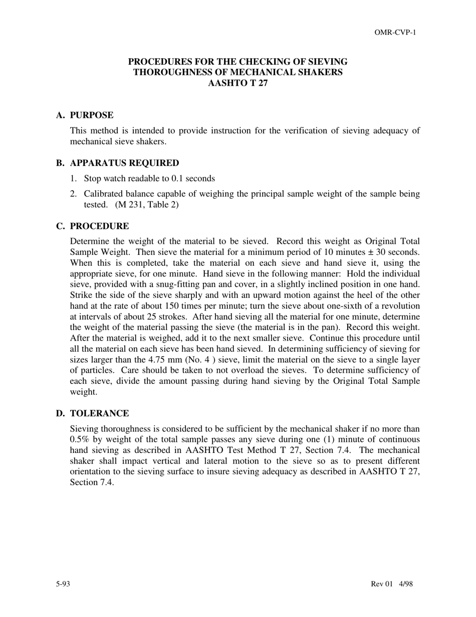 Form OMR-CVP-1 Procedures for the Checking of Sieving Thoroughness of Mechanical Shakers Aashto T 27 - Georgia (United States), Page 1