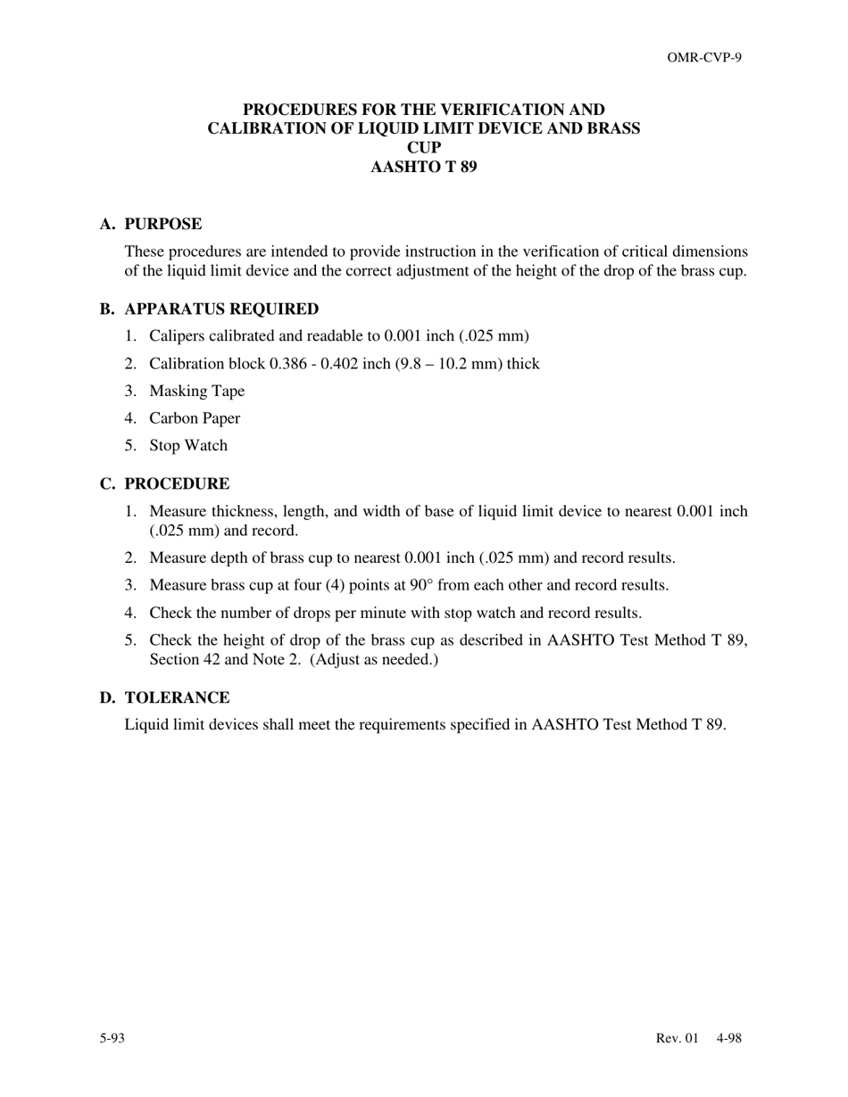 Form OMR-CVP-9 Procedures for the Verification and Calibration of Liquid Limit Device and Brass Cup Aashto T 89 - Georgia (United States), Page 1