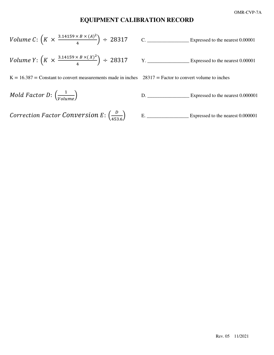 Form OMR-CVP-7 Procedures for the Calibration of Soil Test Molds Aashto T 99, T 134, T 180, T 193 and Unit Weight Measures - Georgia (United States), Page 5