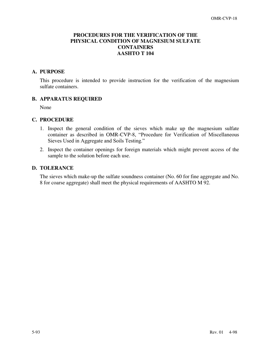 Form OMR-CVP-18 Procedures for the Verification of the Physical Condition of Magnesium Sulfate Containers Aashto T 104 - Georgia (United States), Page 1