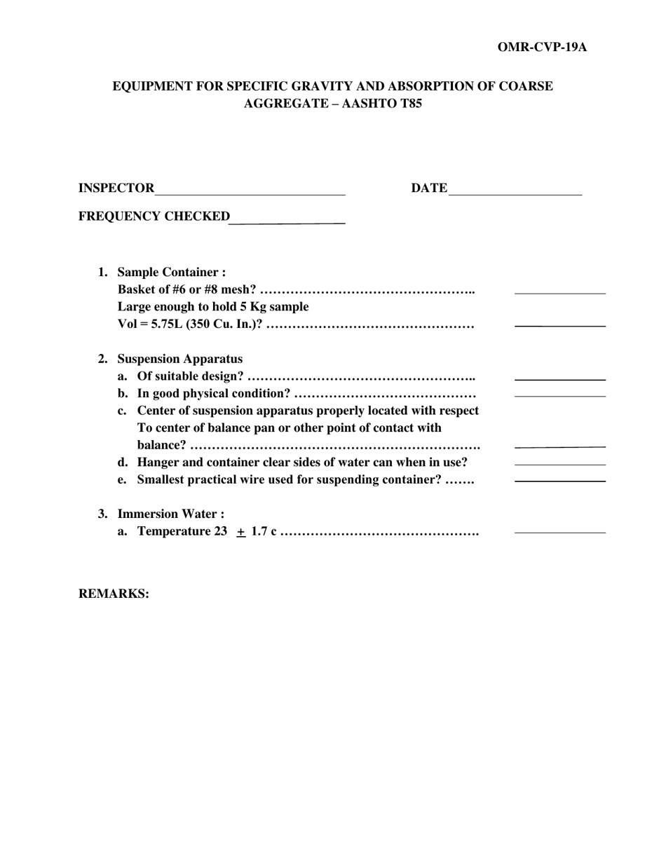 Form OMR-CVP-19A Equipment for Specific Gravity and Absorption of Coarse Aggregate - Aashto T85 - Georgia (United States), Page 1