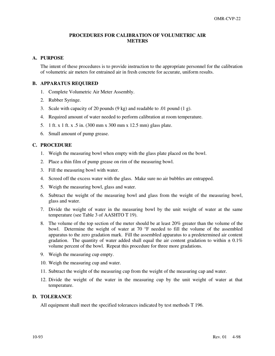 Form OMR-CVP-22 Procedures for Calibration of Volumetric Air Meters - Georgia (United States), Page 1