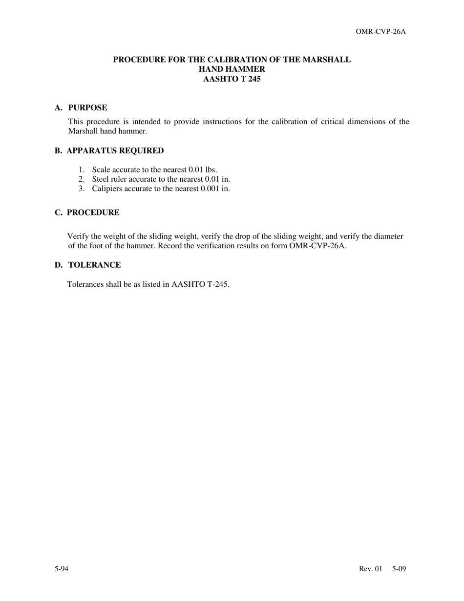 Form OMR-CVP-26A Procedure for the Calibration of the Marshall Hand Hammer Aashto T 245 - Georgia (United States), Page 1