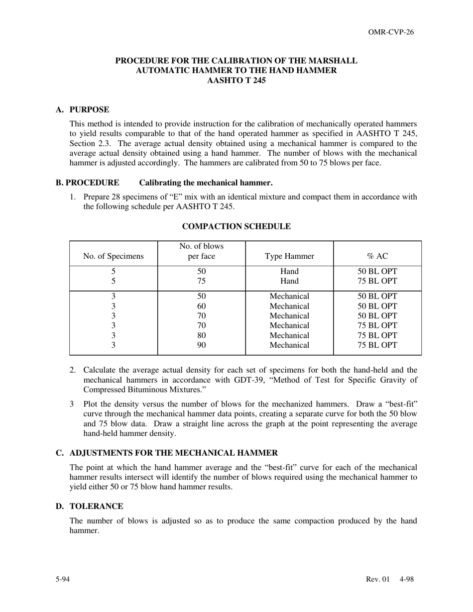Form OMR-CVP-26 Procedure for the Calibration of the Marshall Automatic Hammer to the Hand Hammer Aashto T 245 - Georgia (United States), Page 1
