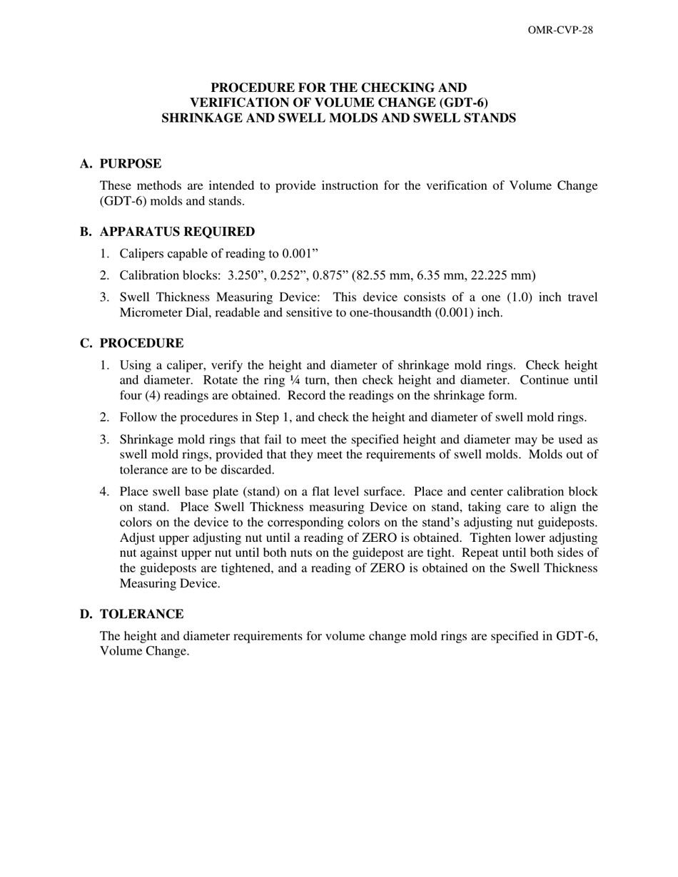 Form OMR-CVP-28 Procedure for the Checking and Verification of Volume Change (Gdt-6) Shrinkage and Swell Molds and Swell Stands - Georgia (United States), Page 1