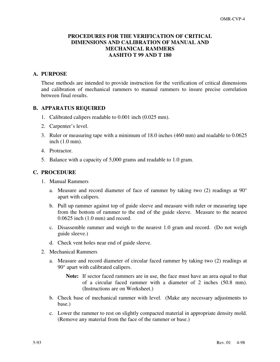 Form OMR-CVP-4 Procedures for the Verification of Critical Dimensions and Calibration of Manual and Mechanical Rammers Aashto T 99 and T 180 - Georgia (United States), Page 1