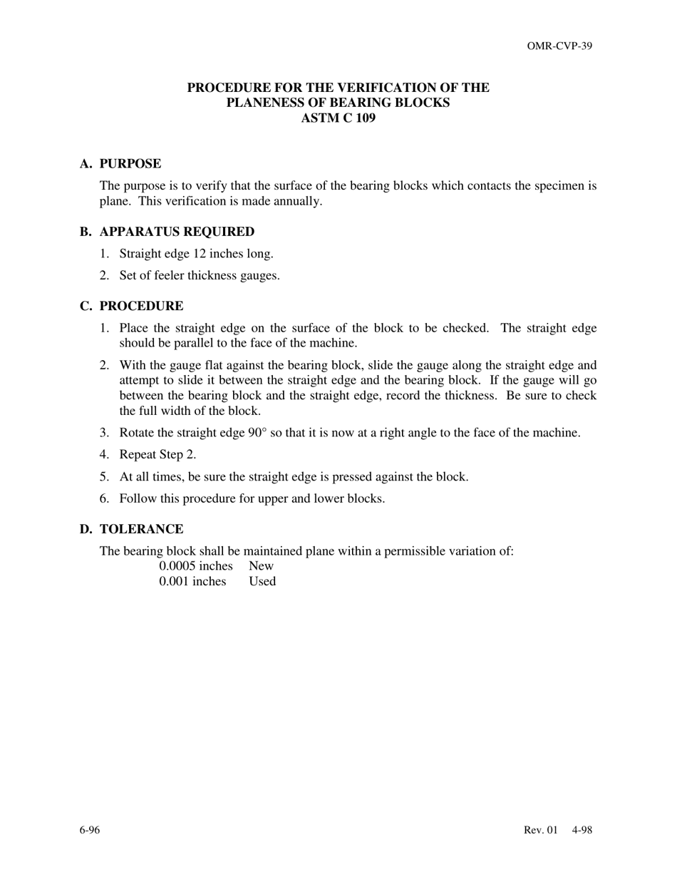 Form OMR-CVP-39 Procedure for the Verification of the Planeness of Bearing Blocks Astm C 109 - Georgia (United States), Page 1