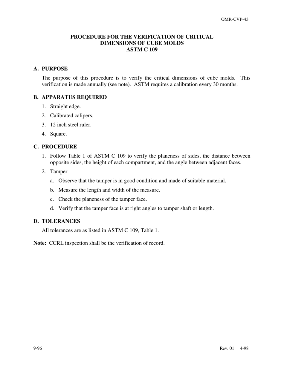 Form OMR-CVP-43 Procedure for the Verification of Critical Dimensions of Cube Molds Astm C 109 - Georgia (United States), Page 1