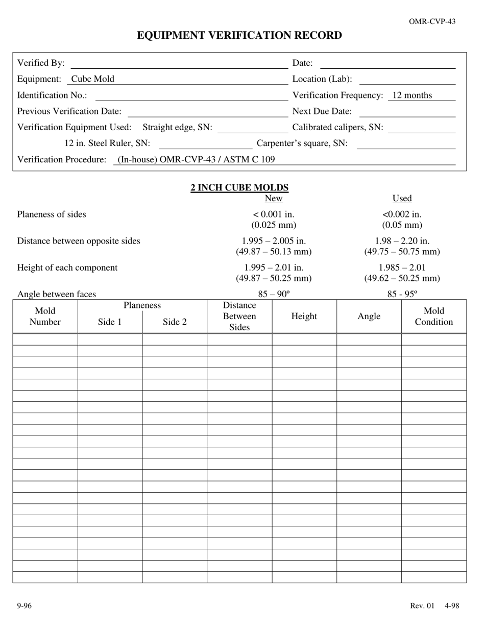 Form OMR-CVP-43 Procedure for the Verification of Critical Dimensions of Cube Molds Astm C 109 - Georgia (United States), Page 2