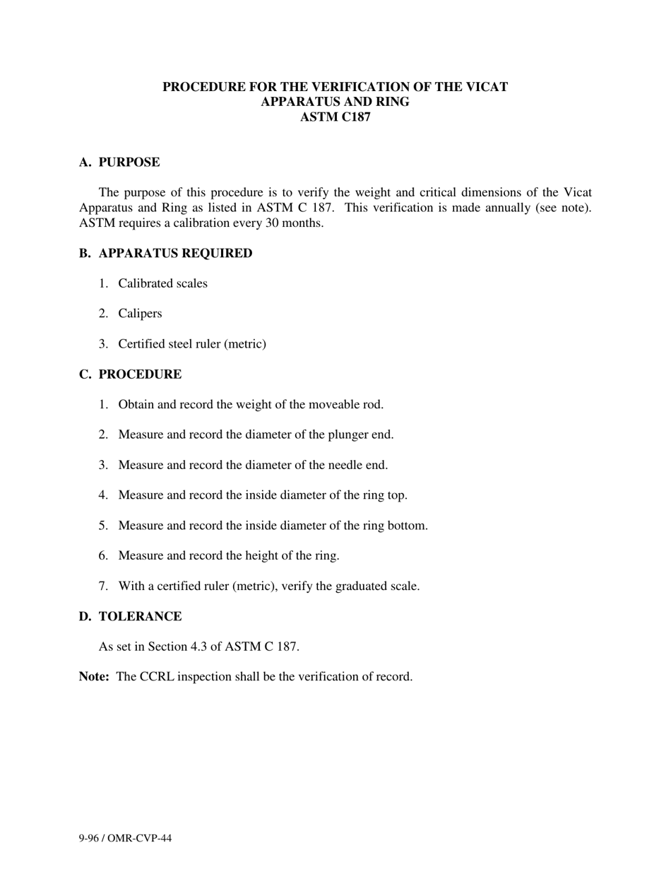 Form OMR-CVP-44 Procedure for the Verification of the Vicat Apparatus and Ring Astm C187 - Georgia (United States), Page 1