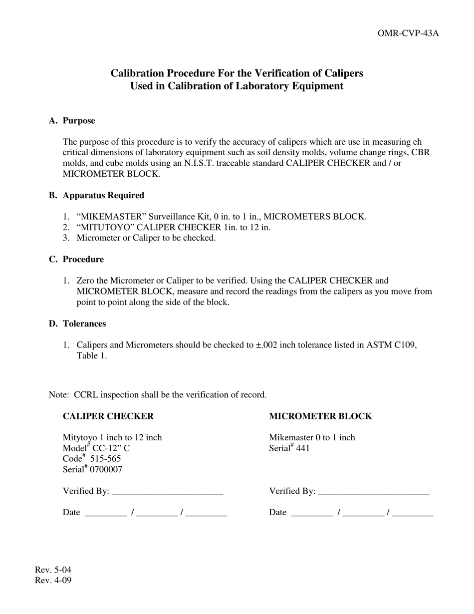 Form OMR-CVP-43A Calibration Procedure for the Verification of Calipers Used in Calibration of Laboratory Equipment - Georgia (United States), Page 1
