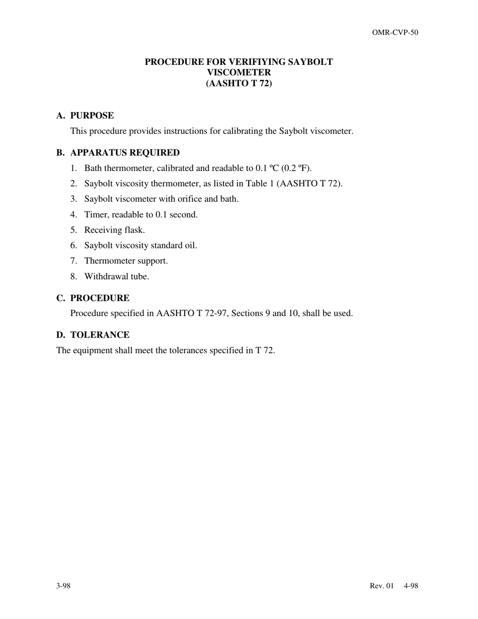 Form OMR-CVP-50 Procedure for Verifiying Saybolt Viscometer (Aashto T 72) - Georgia (United States), Page 1