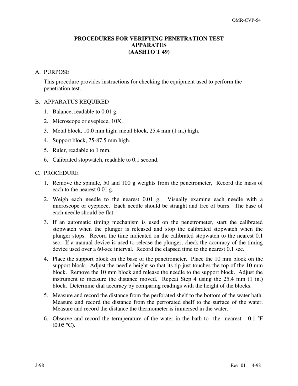 Form OMR-CVP-54 Procedures for Verifying Penetration Test Apparatus (Aashto T 49) - Georgia (United States), Page 1