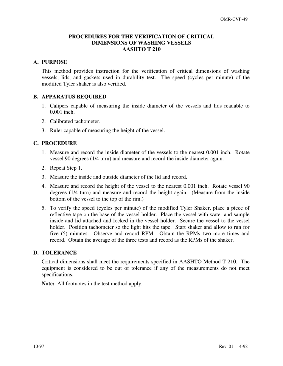 Form OMR-CVP-49 Procedures for the Verification of Critical Dimensions of Washing Vessels Aashto T 210 - Georgia (United States), Page 1