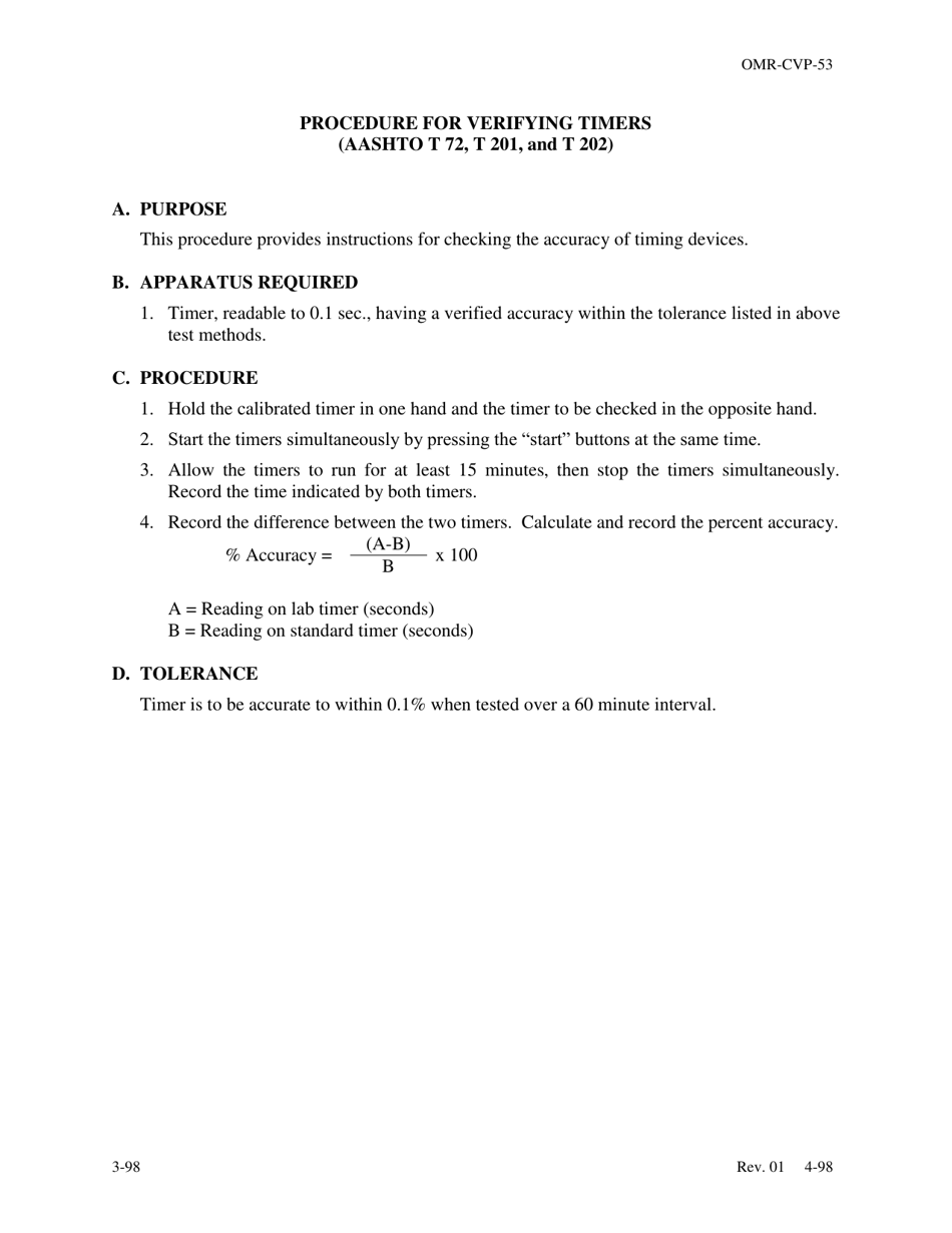 Form OMR-CVP-53 Procedure for Verifying Timers (Aashto T 72, T 201, and T 202) - Georgia (United States), Page 1