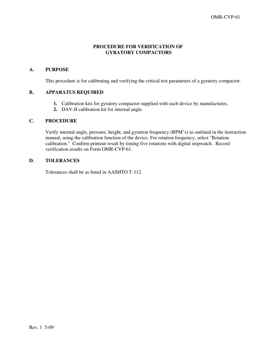 Form OMR-CVP-61 Procedure for Verification of Gyratory Compactors - Georgia (United States), Page 1